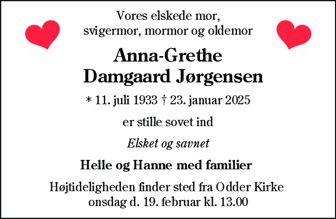 Dødsannonce for Anna-Grethe Damgaard Jørgensen