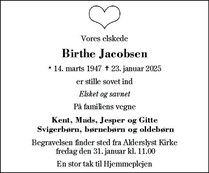 Dødsannonce for Birthe Jacobsen