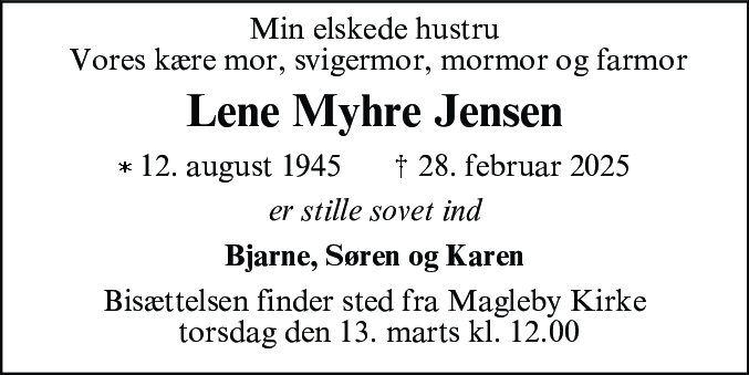 Dødsannonce for Lene Jensen