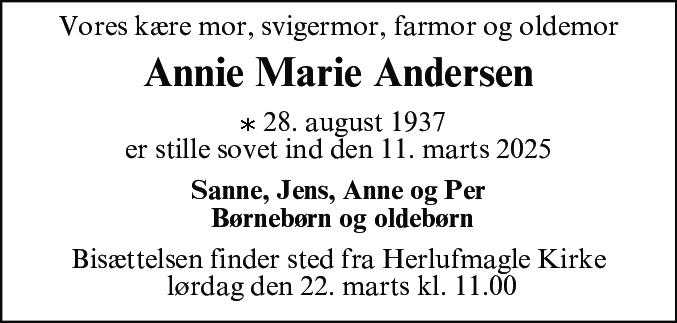 Dødsannonce for Anni Marie Andersen
