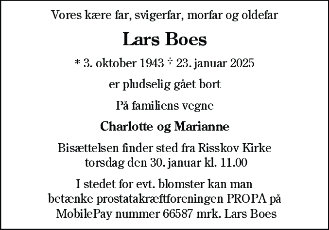 Dødsannonce for Lars Boes