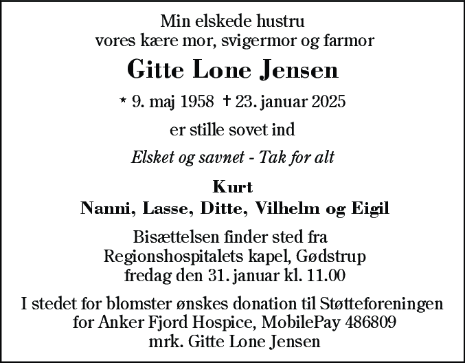 Dødsannonce for Gitte Lone Jensen