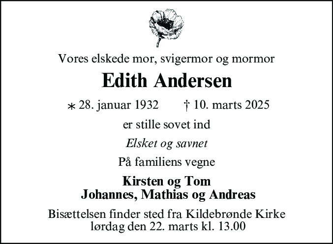 Dødsannonce for Edith Andersen