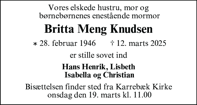 Dødsannonce for Britta Elisabeth Meng Knudsen
