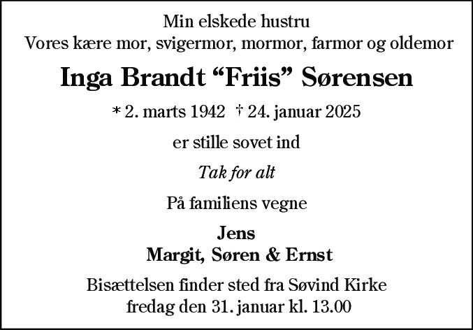 Dødsannonce for Inga Brandt Sørensen