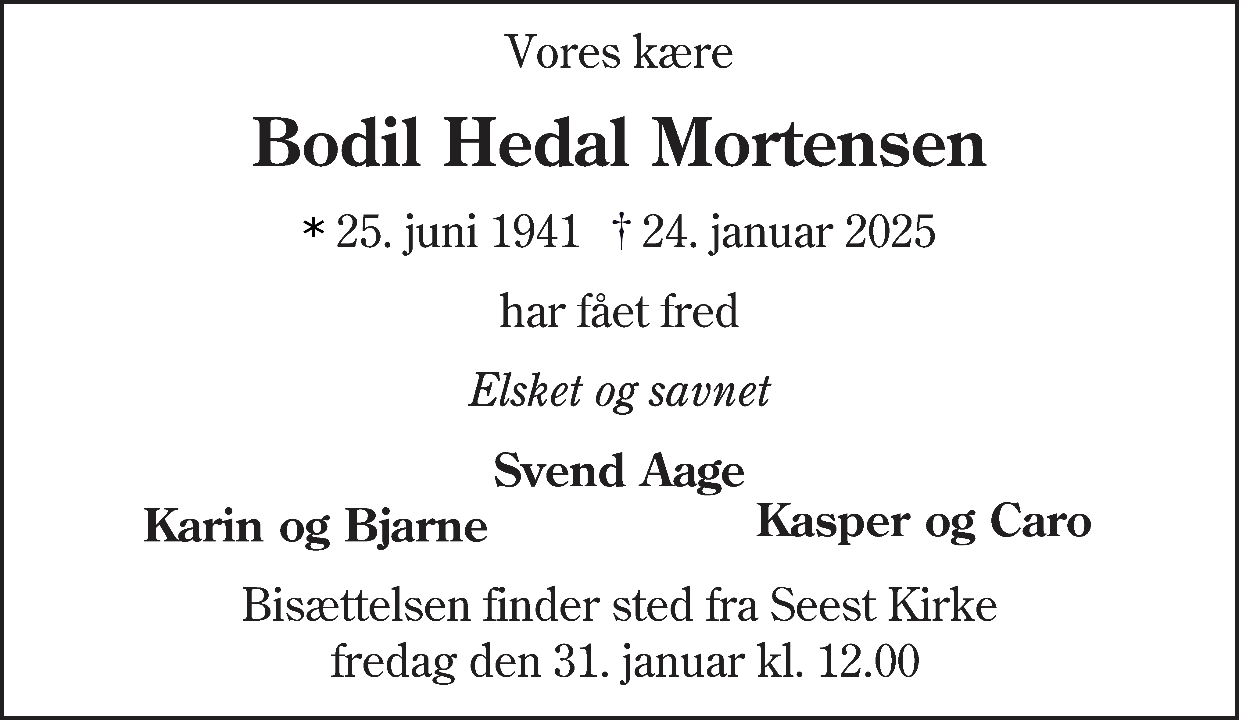 Dødsannonce for Bodil Hedal Mortensen