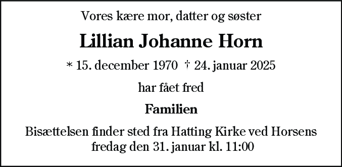 Dødsannonce for Lillian Johanne Horn