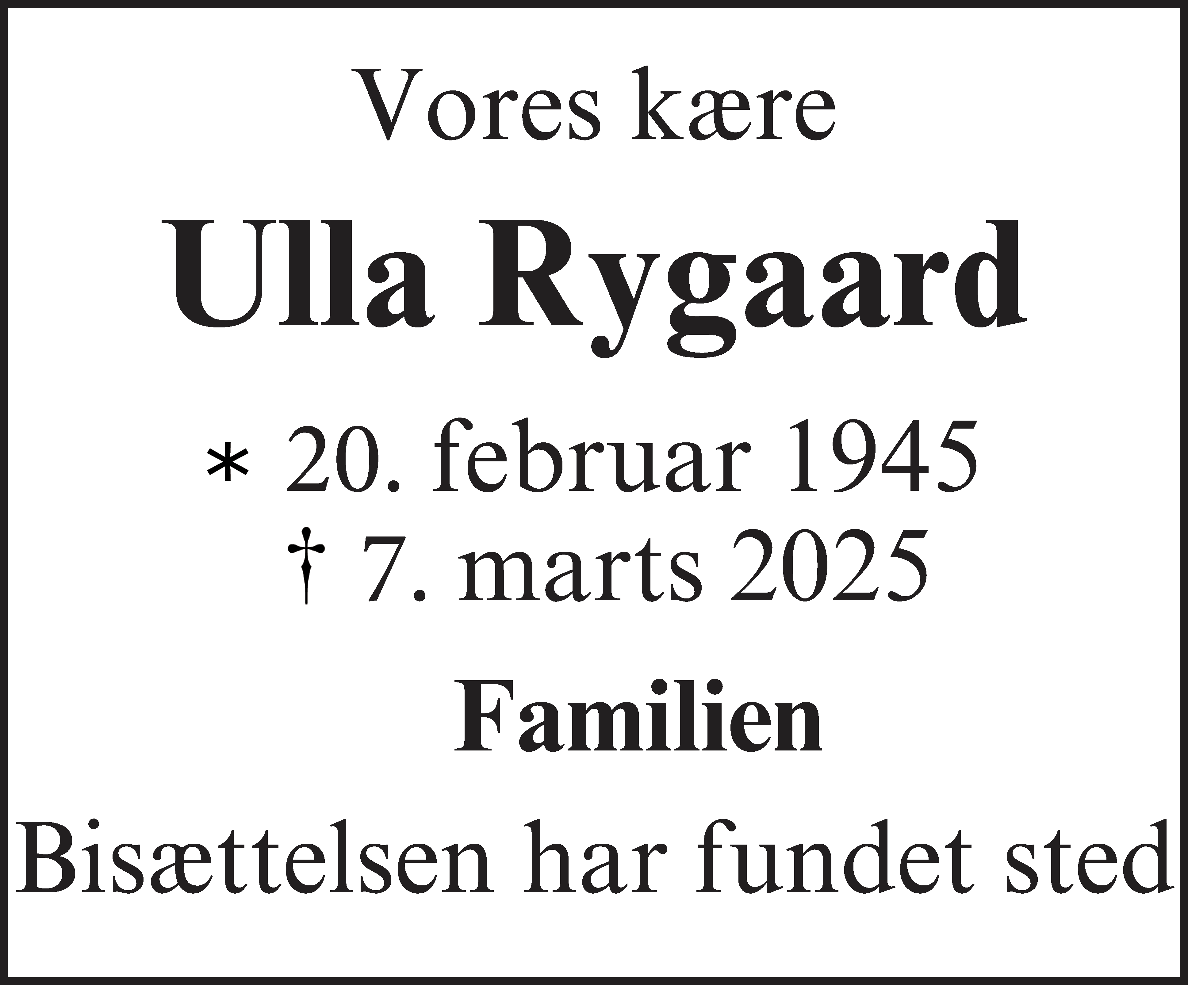 Dødsannonce for Ulla Rygaard
