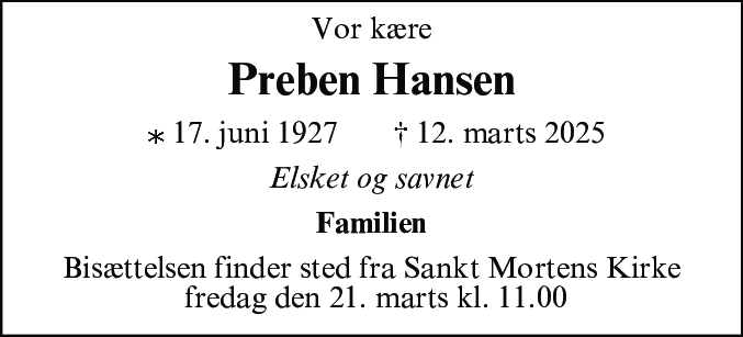Dødsannonce for Preben Hugo Alexander Hansen