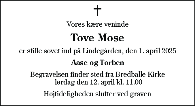 Dødsannonce for Tove Mose