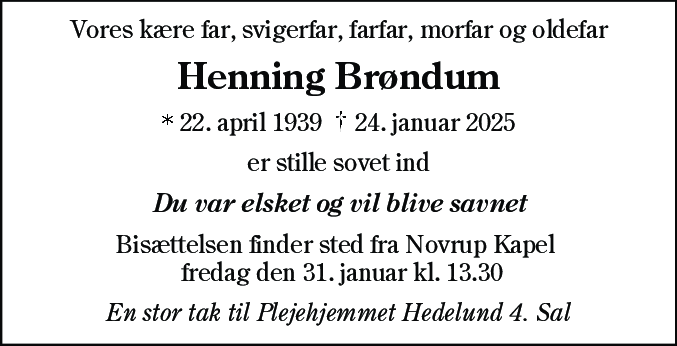 Dødsannonce for Henning Brøndum