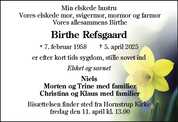 Dødsannonce for Birte Refsgaard