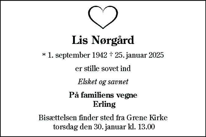 Dødsannonce for Lis Nørgård