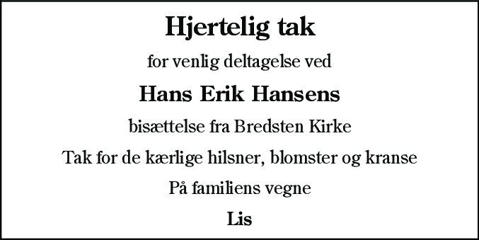 Dødsannonce for Hans Erik Hansen