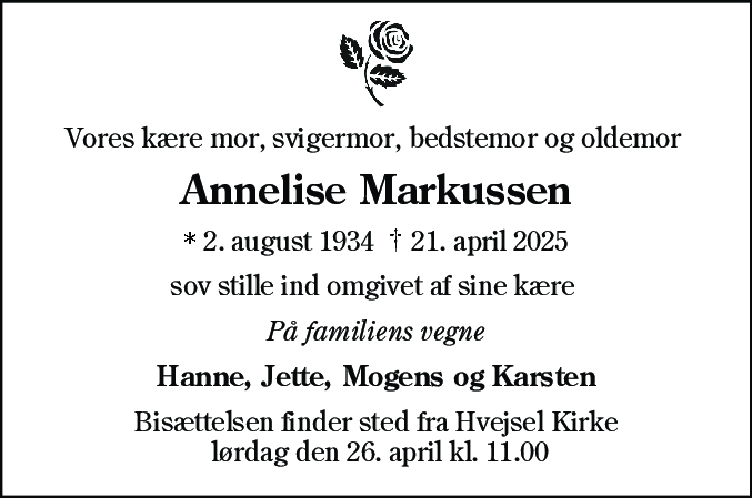 Dødsannonce for Maren Annelise Markussen