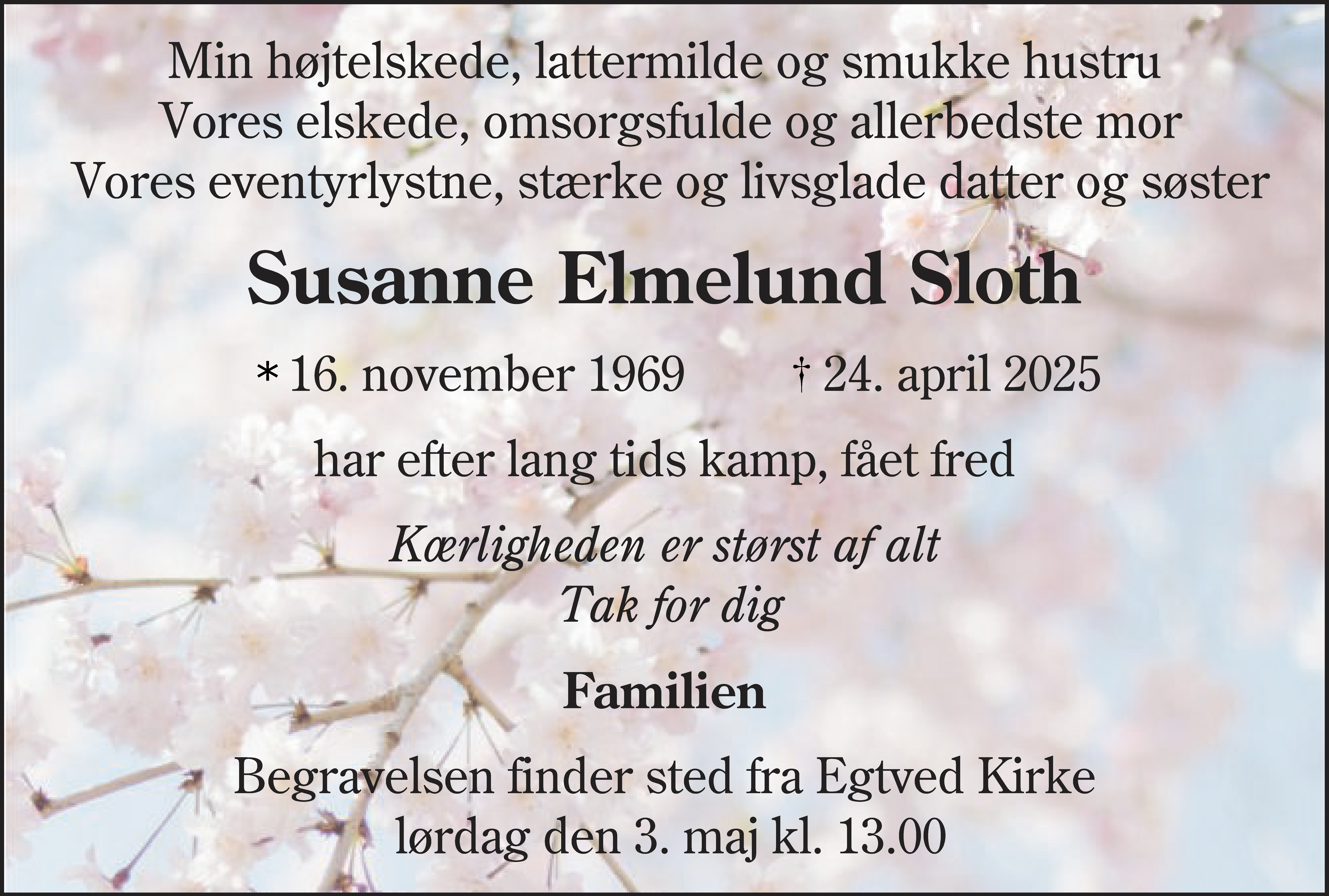 Dødsannonce for Susanne Elmelund Sloth