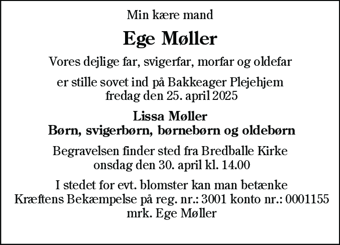 Dødsannonce for Ege Møller