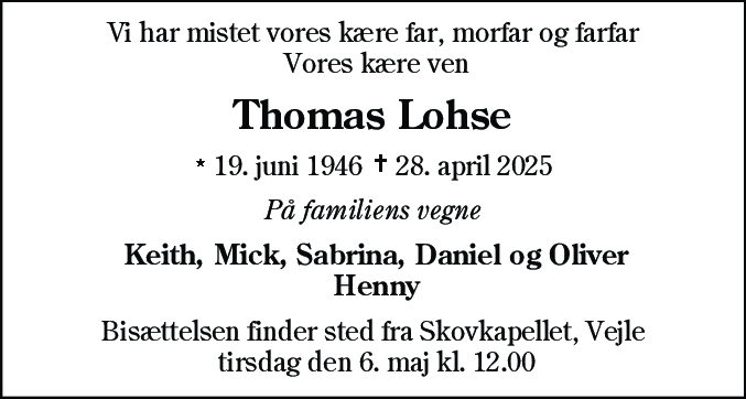 Dødsannonce for Thomas Lohse