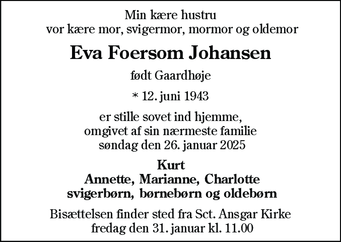 Dødsannonce for Eva Foersom Johansen
