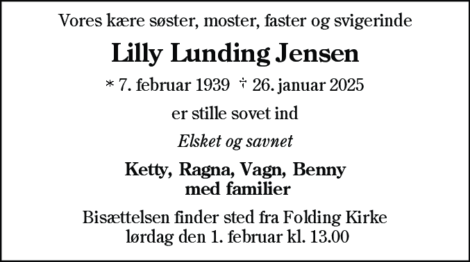 Dødsannonce for Lilly Lunding Jensen