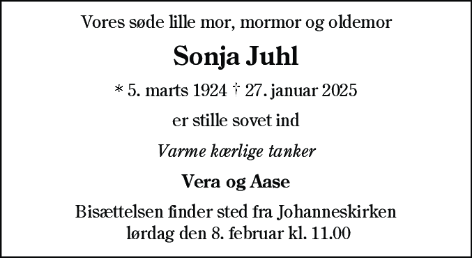 Dødsannonce for Sonja Juhl