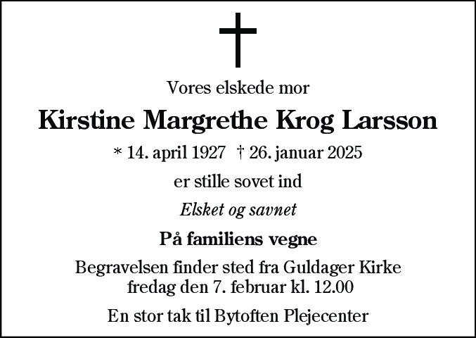 Dødsannonce for Kirstine Margrethe Krog Larsson