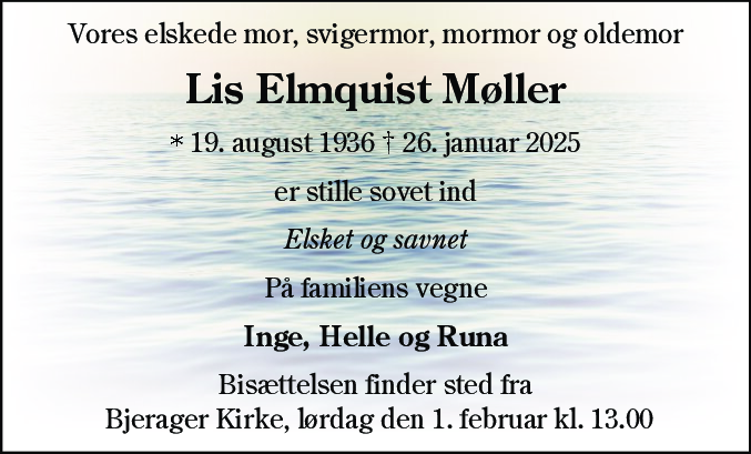 Dødsannonce for Lis Elmquist Møller