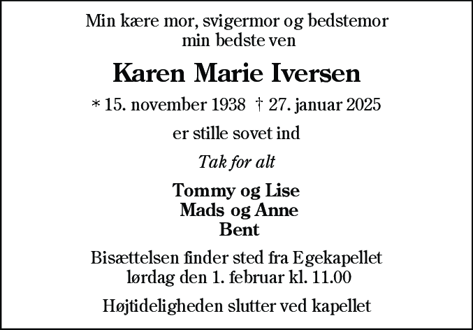 Dødsannonce for Karen Marie Iversen
