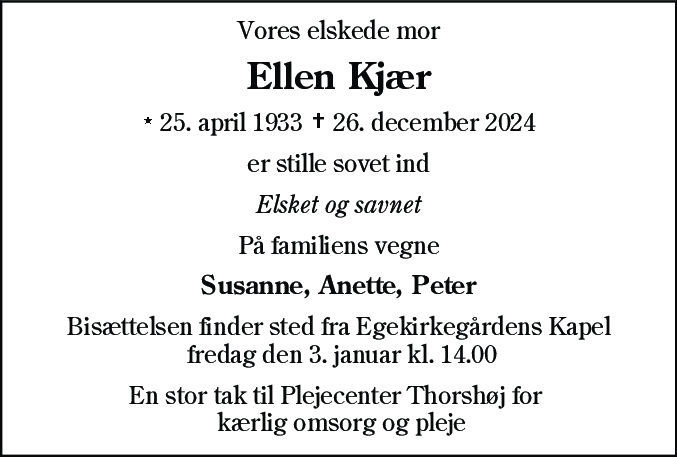 Dødsannonce for Ellen Kjær