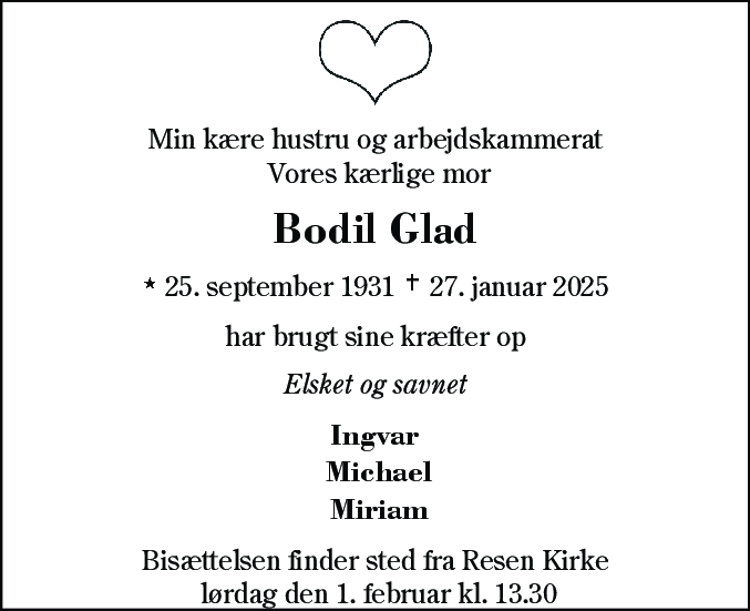 Dødsannonce for Bodil Glad