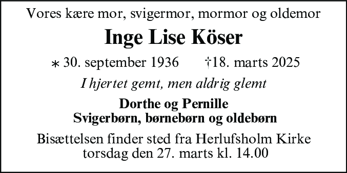 Dødsannonce for Inge Lise Köser