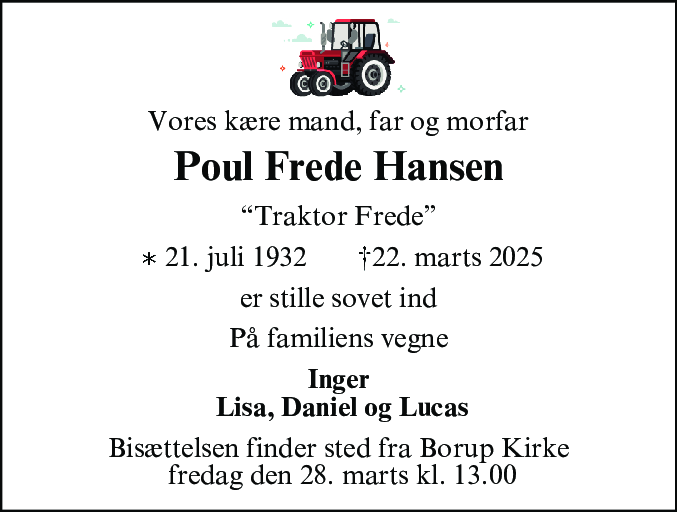 Dødsannonce for Poul Frede Hansen