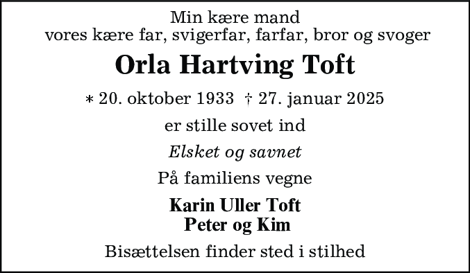 Dødsannonce for Orla Hartving Toft