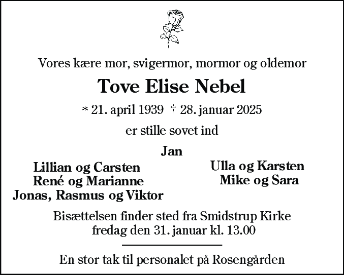 Dødsannonce for Tove Elise Nebel