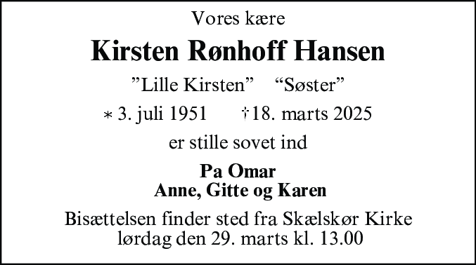 Dødsannonce for Kirsten Rønhoff Hansen