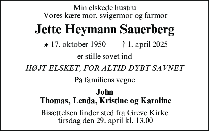 Dødsannonce for Jette Heymann Sauerberg