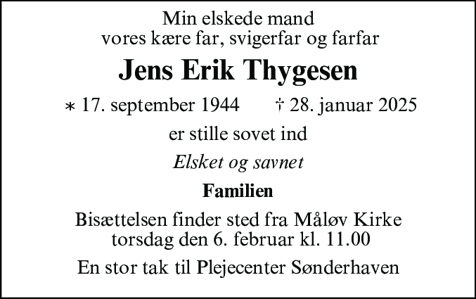 Dødsannonce for Jens Erik Thygesen