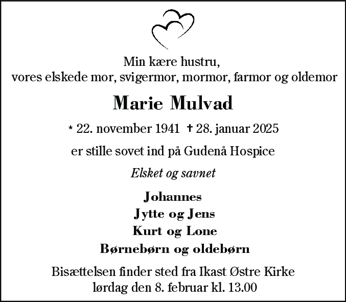 Dødsannonce for Marie Mulvad
