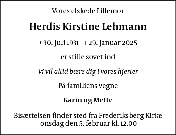Dødsannonce for Herdis Kirstine Lehmann