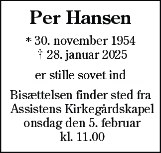 Dødsannonce for Per Hansen
