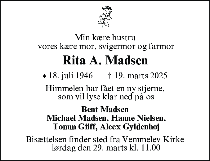 Dødsannonce for Rita Agnete Madsen