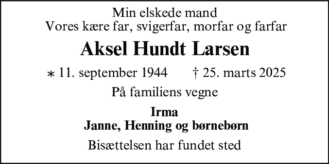 Dødsannonce for Aksel Hundt Larsen