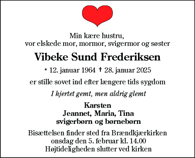 Dødsannonce for Vibeke Sund Frederiksen