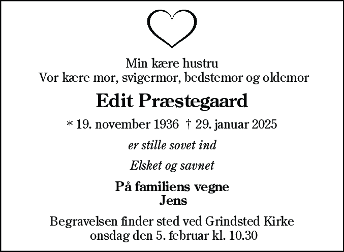 Dødsannonce for Edit Præstegaard