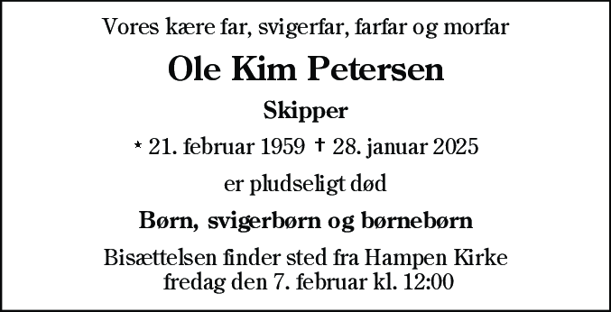 Dødsannonce for Ole Kim Petersen