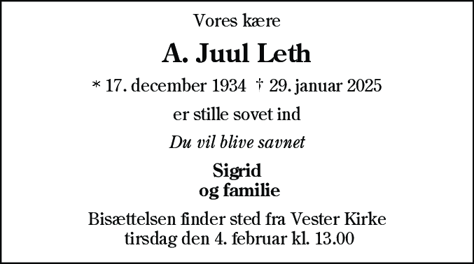 Dødsannonce for Adolf Juul Leth