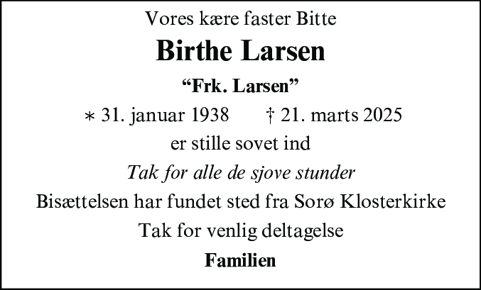 Dødsannonce for Birthe Larsen
