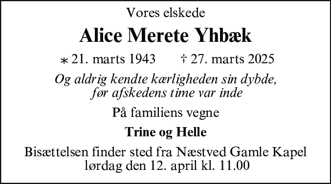 Dødsannonce for Alice Merete Yhbæk