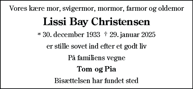 Dødsannonce for Lissi Marie Bay Christensen