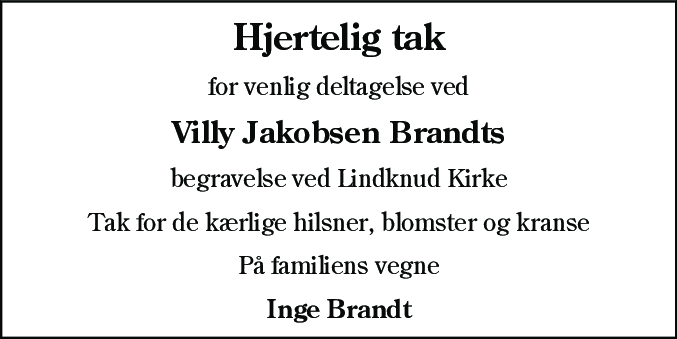 Dødsannonce for Villy Jakobsen Brandt